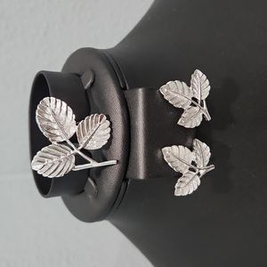 Sarah Coventry 1.45 Inch Smooth Brushed Silver Tone Leaf Branch Brooch & earring